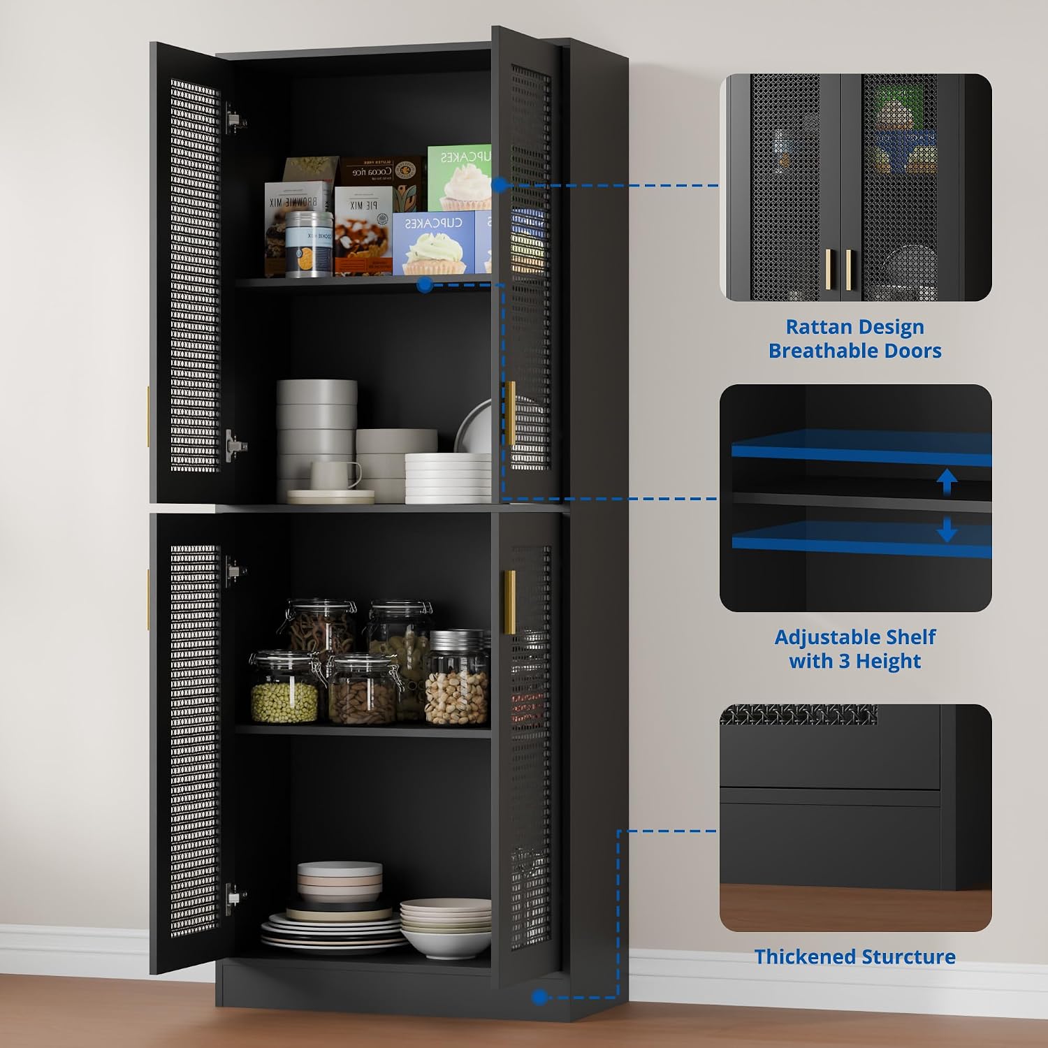 Cozy Castle Kitchen Pantry Cabinet, 71' Tall Rattan Doors Storage Cabinet and Adjustable Shelves, Modern Farmhouse Wood Cupboard Utility Hutch for Kitchen, Dining Room, Living Room (Black)
