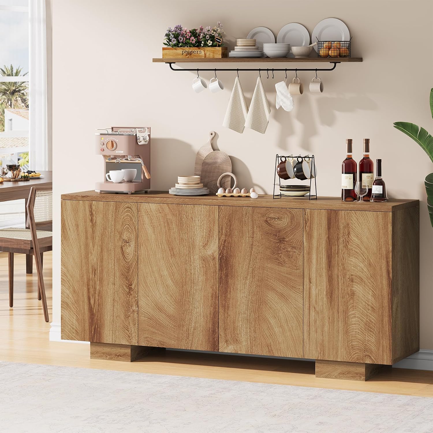 Sideboard Buffet Cabinet with Storage, Farmhouse Coffee Bar Cabinet with 4 Doors & Adjustable Shelves for Living Room, Kitchen, Hallway, Oak
