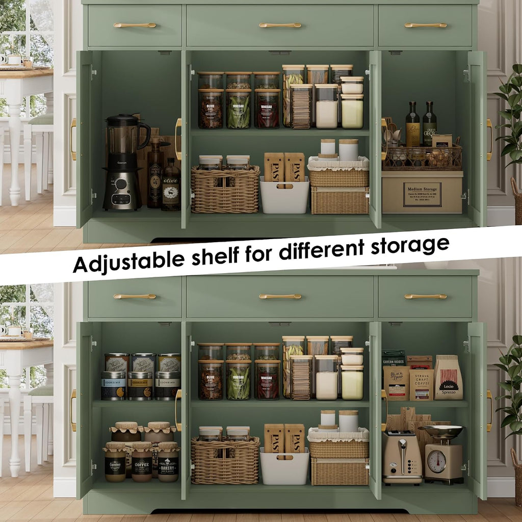 HOSTACK Buffet Sideboard Cabinet with Drawers, 55' Large Buffet Storage Cabinet with Shelves and Doors, Modern Farmhouse Coffee Bar Station for Kitchen, Dining Room, Green