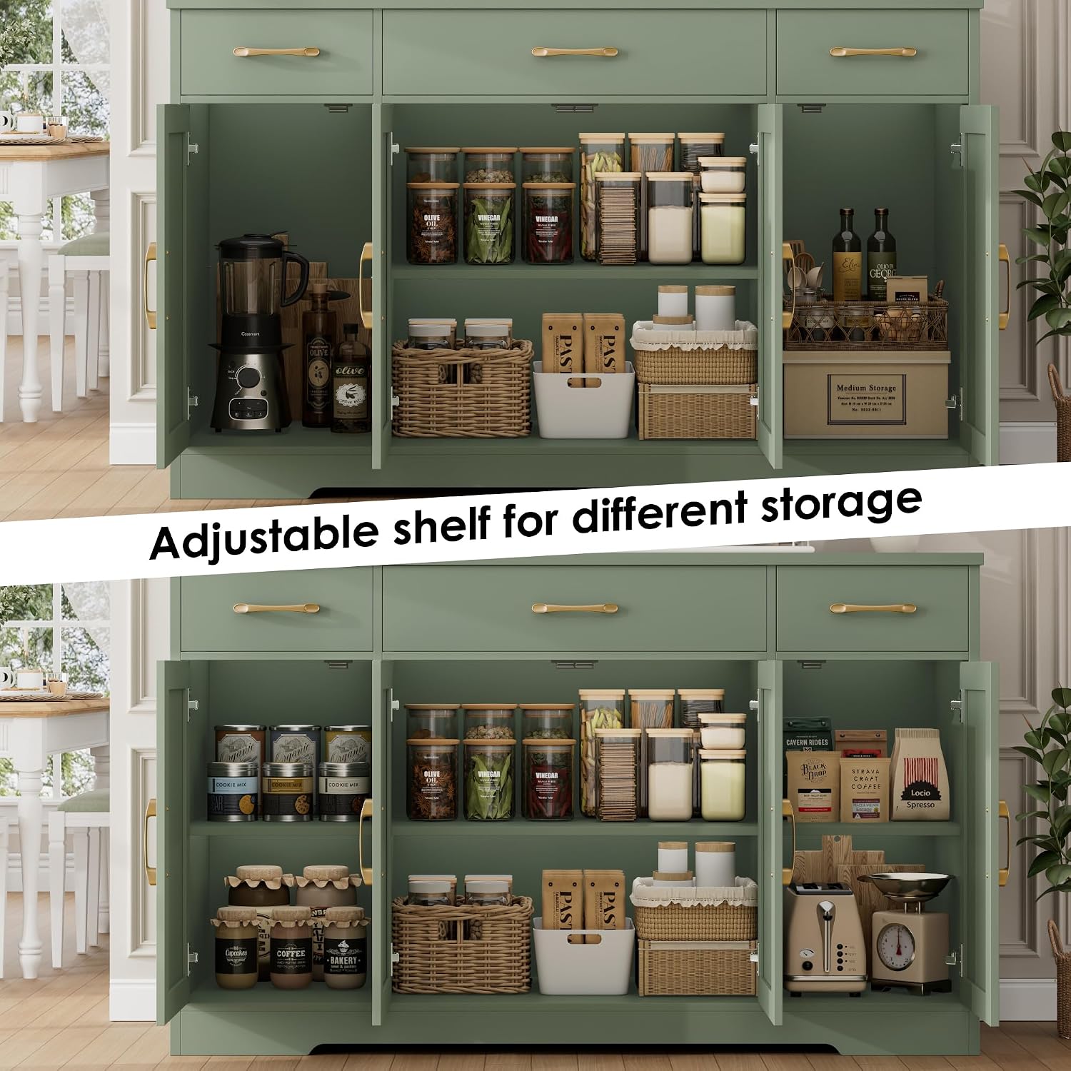 HOSTACK Buffet Sideboard Cabinet with Drawers, 55' Large Buffet Storage Cabinet with Shelves and Doors, Modern Farmhouse Coffee Bar Station for Kitchen, Dining Room, Green