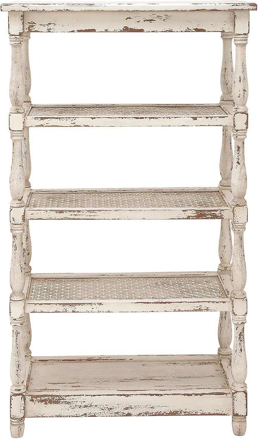 Deco 79 Farmhouse Distressed White Wood Bookshelf with Pierced Metal Interior Shelves & Turned Column Frame Shelving Unit, 30' x 16' x 55' White