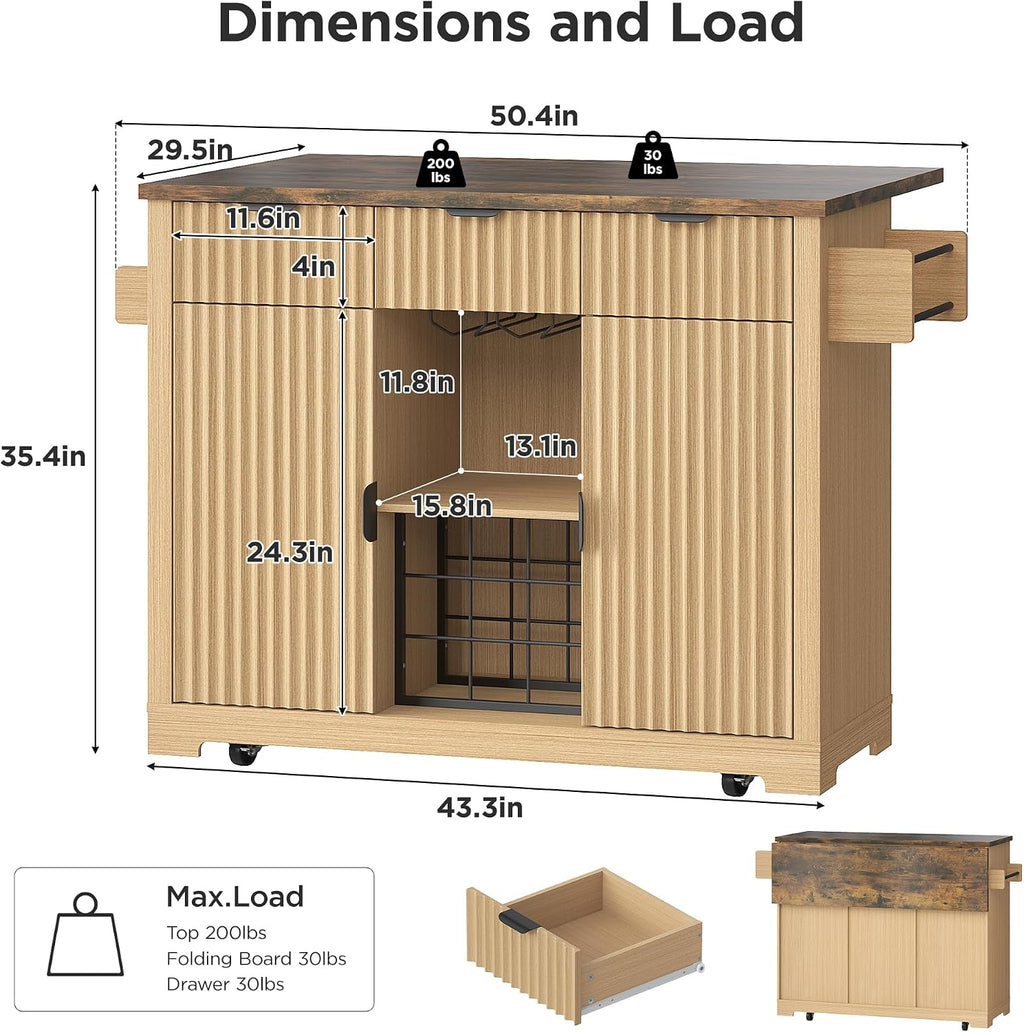 FiveWillowise Kitchen Island with Drop Leaf and Wine Cabinet, Rolling Kitchen Island on Wheels with Storage Cabinets,50' Fluted Wine Bar with 3 Drawers, and Towel Rack for Kitchen, Dining Room
