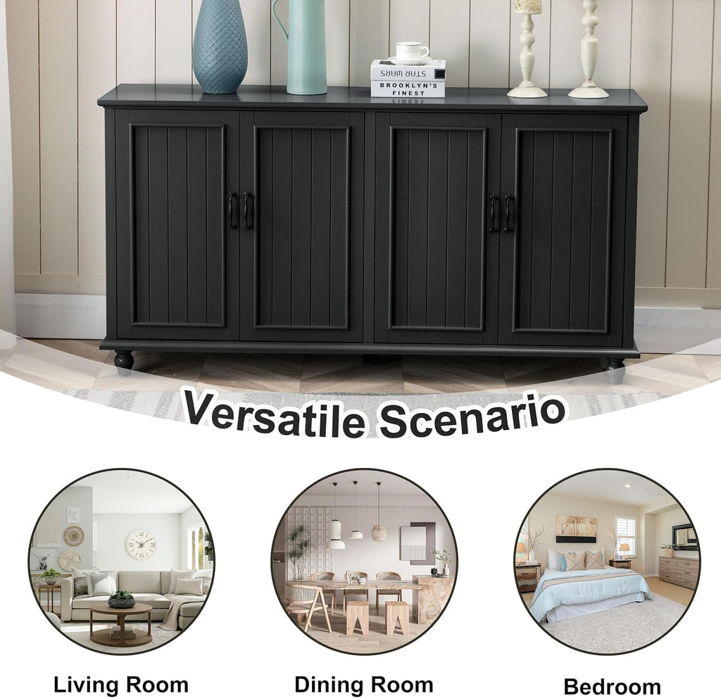 Scurrty 62'' Coffee Bar Cabinet Kitchen with Storage, Buffet Cabinet with Storage, Sideboard Buffet for Dinning Room, Kitchen & Living Room (4 Doors, Black)