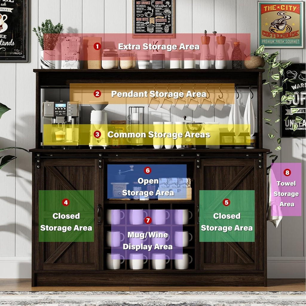 4ever2buy Farmhouse Coffee Bar Cabinet with 8 Hooks, 55' Kitchen Hutch Cabinet with Storage, Gray Coffee Bar with Sliding Barn Doors and 12 Racks for Living Dining Room, Dark Oak