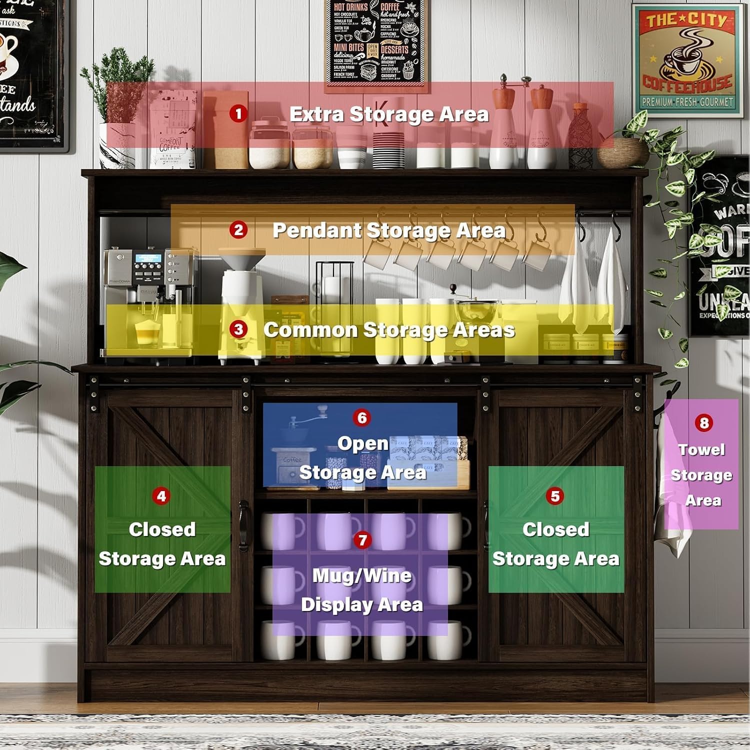 4ever2buy Farmhouse Coffee Bar Cabinet with 8 Hooks, 55' Kitchen Hutch Cabinet with Storage, Gray Coffee Bar with Sliding Barn Doors and 12 Racks for Living Dining Room, Dark Oak