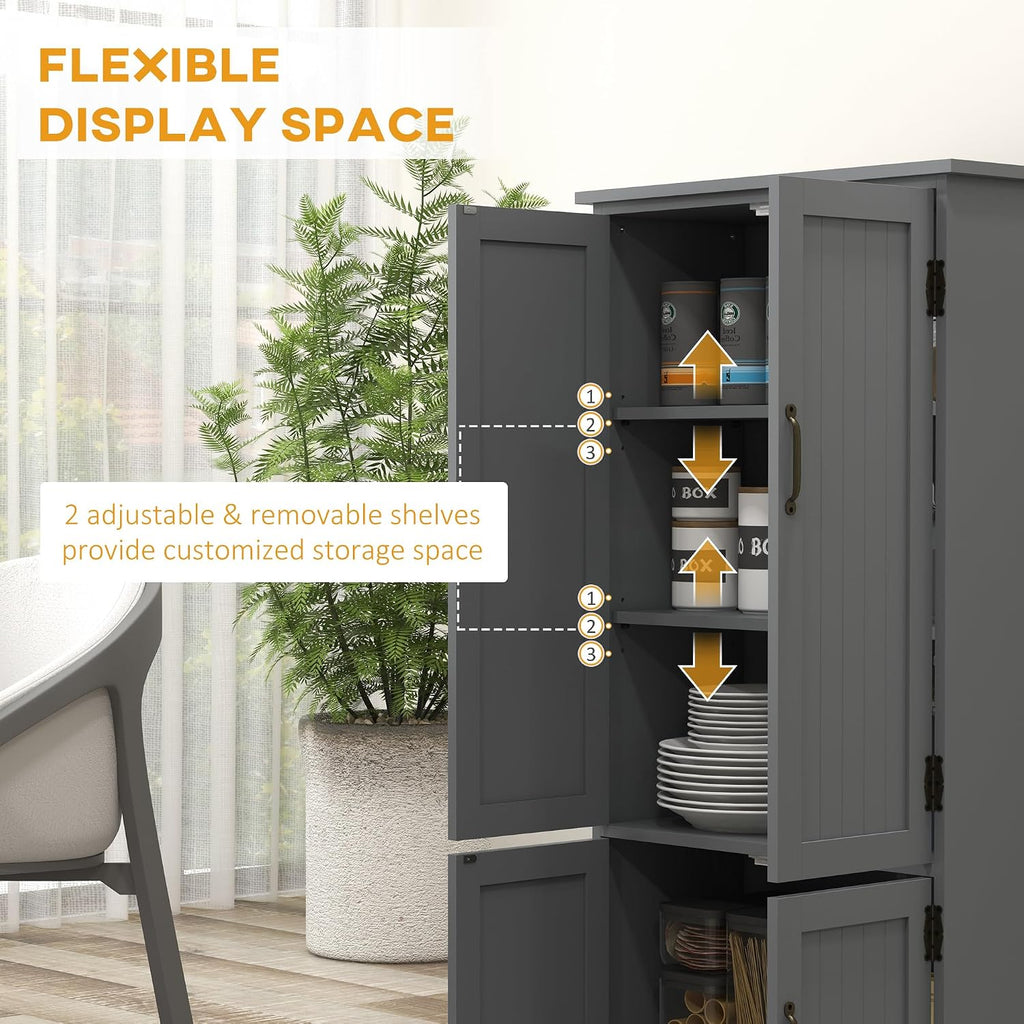 HOMCOM 48.5' Kitchen Pantry Cabinet with 2 Adjustable Shelves and 4 Beadboard Doors, Compact Farmhouse Kitchen Storage Cabinet for Dining Room, Gray