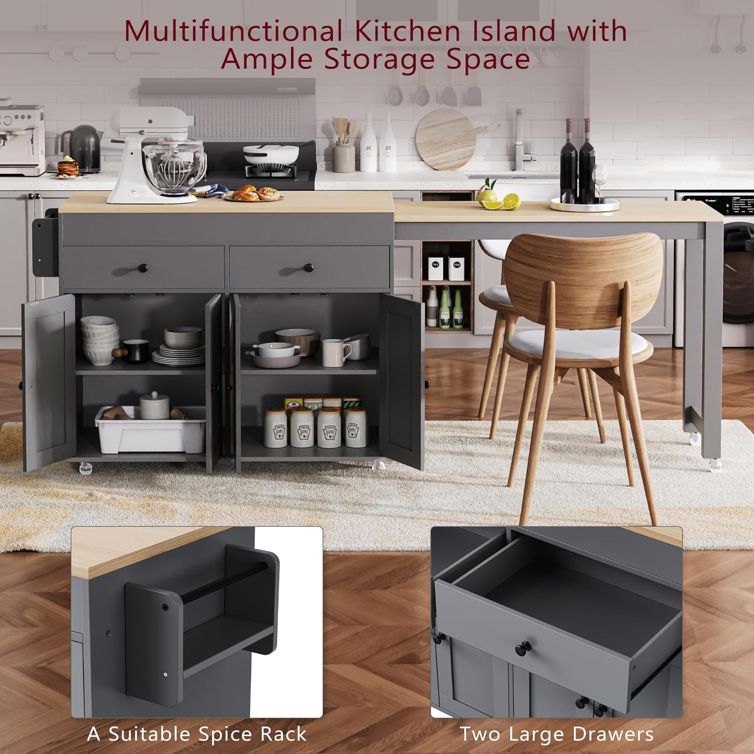 74.5' Rolling Kitchen Island with Extendable Dining Table, Storage Cart on Wheels with 2 Drawers, Spice Rack, 4 Door Cabinet for Kitchen, Dining Room, Grey