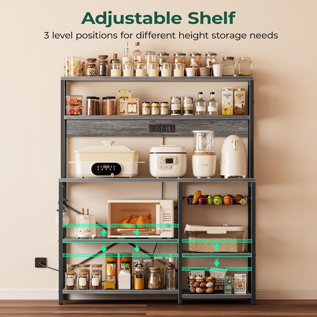 SUPERJARE Bakers Rack with Power Outlet, 47.2 Inches Coffee Bar with 3 Level-Adjustable Open Shelves, Wire Basket, Kitchen Microwave Stand with 6 S-Shaped Hooks, Grey