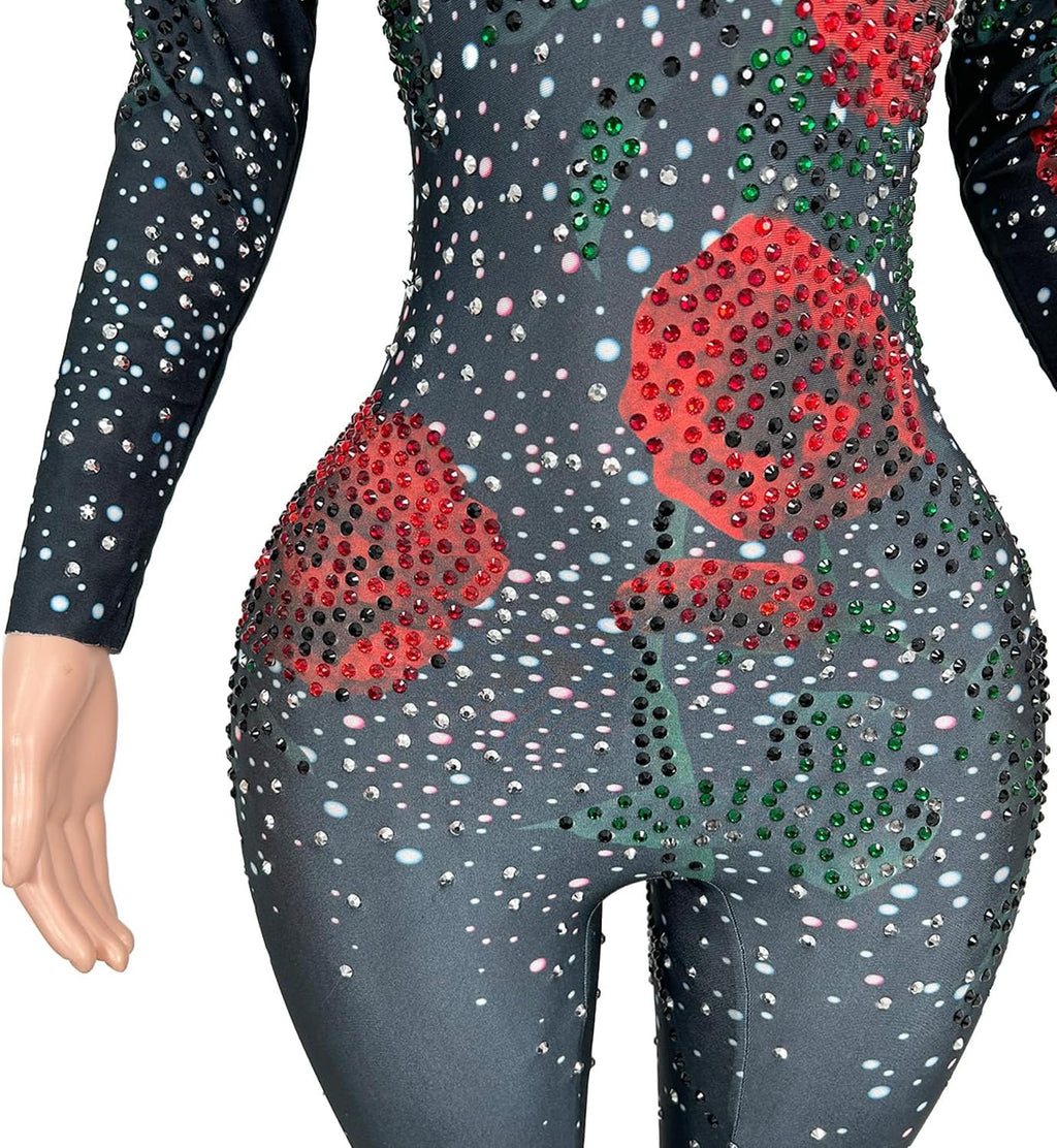Women Nightclub Diamond Slim Fit Jumpsuits Romantic Rose Pattern Rompers Birthday Party Singer Dancer Stage Clothes