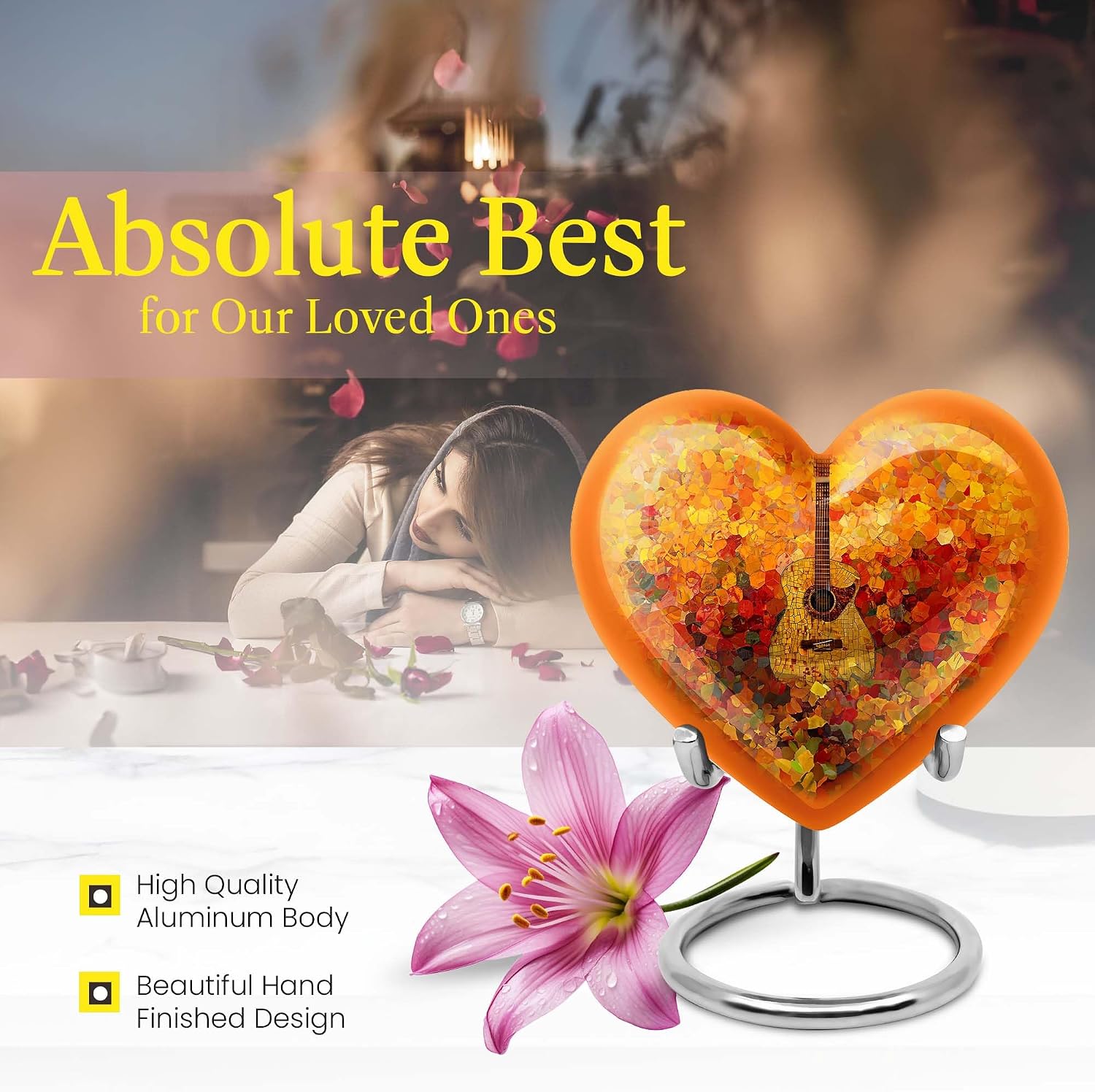 Guitar Urn - Heart Urns - Cremation Boxes for Human Ashes - Human Urns for Ashes Dad - Unique Urn for Ashes for Women - Urns for Ash Male - Burial Urn for Women Ashes - 8Inch Large Urn