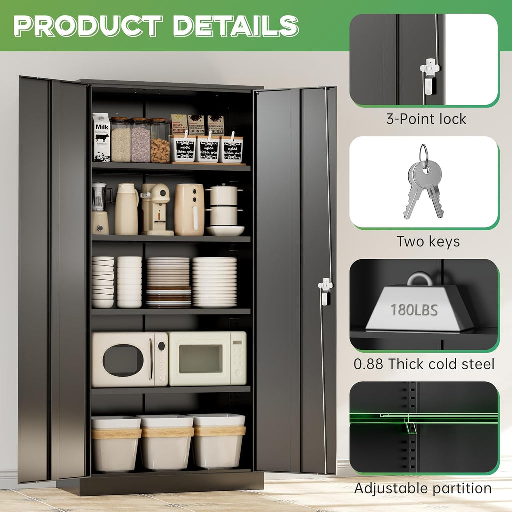 INTERGREAT 72-Inch Metal Storage Cabinet for Garage, Lockable Steel Cabinet with Doors and Adjustable Shelves, Black Locking Storage Unit for Office, Home, Gym, and School.