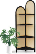 Corner Shelf Stand 4-Tier 70' Solid Wood Frame with Rattan Corner Shelves Display Shelf Wall Corner Bookshelf Multi Unit Organizer Rack with Legs for Living Room Decor,Small Space, Black