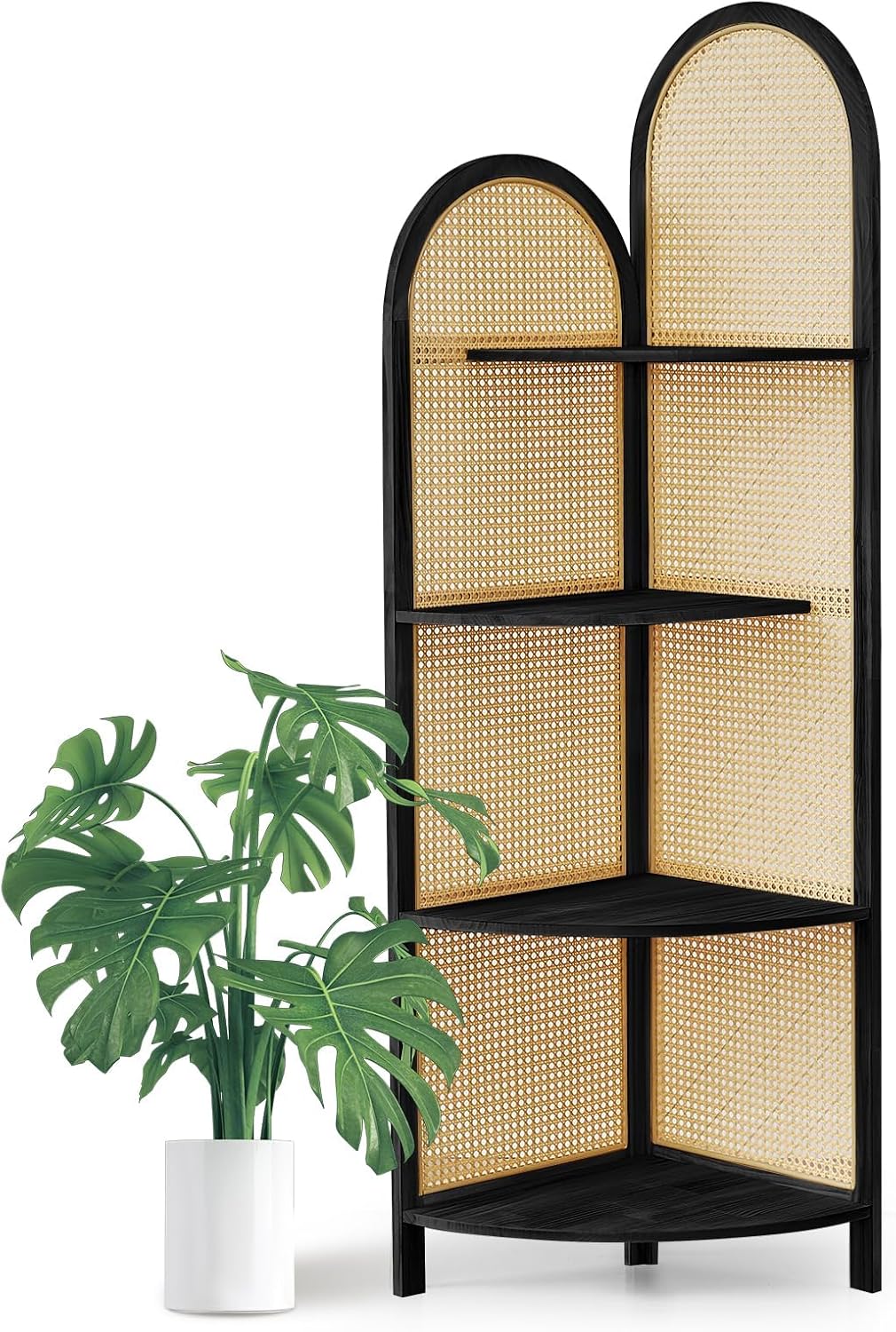 Corner Shelf Stand 4-Tier 70' Solid Wood Frame with Rattan Corner Shelves Display Shelf Wall Corner Bookshelf Multi Unit Organizer Rack with Legs for Living Room Decor,Small Space, Black