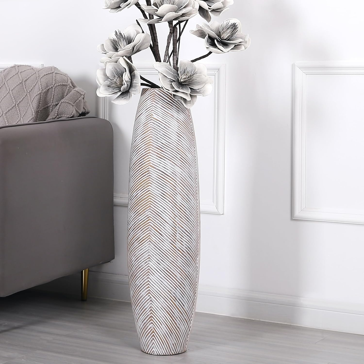 Leewadee Decorative Tall Floor Vase for Living Room Decor, 34 inches, White Wash, Resin