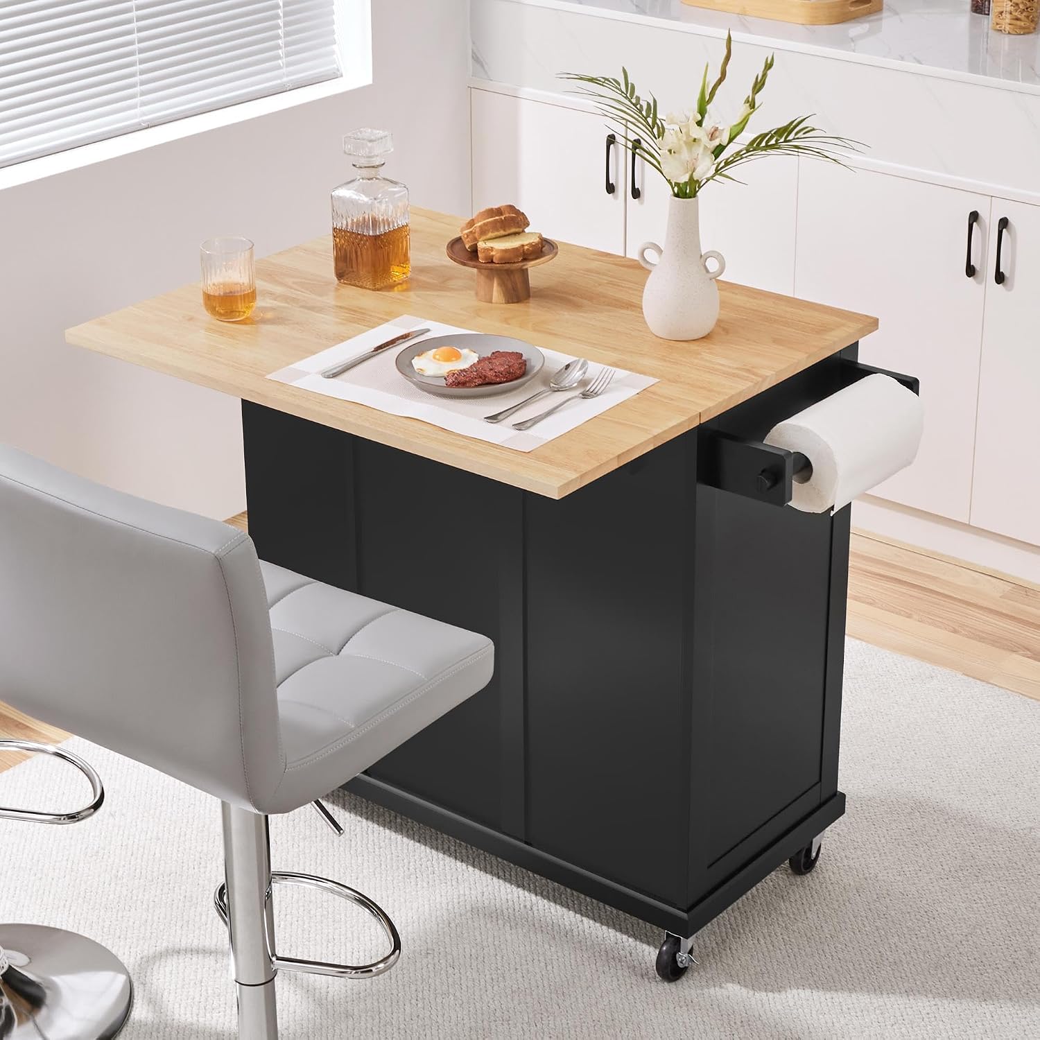 Yaheetech Rolling Kitchen Island Cart with Drop Leaf, Portable Rubberwood Breakfast Bar with Storage Cabinet, Open Shelves & Detachable Towel, 2 Drawers, Black