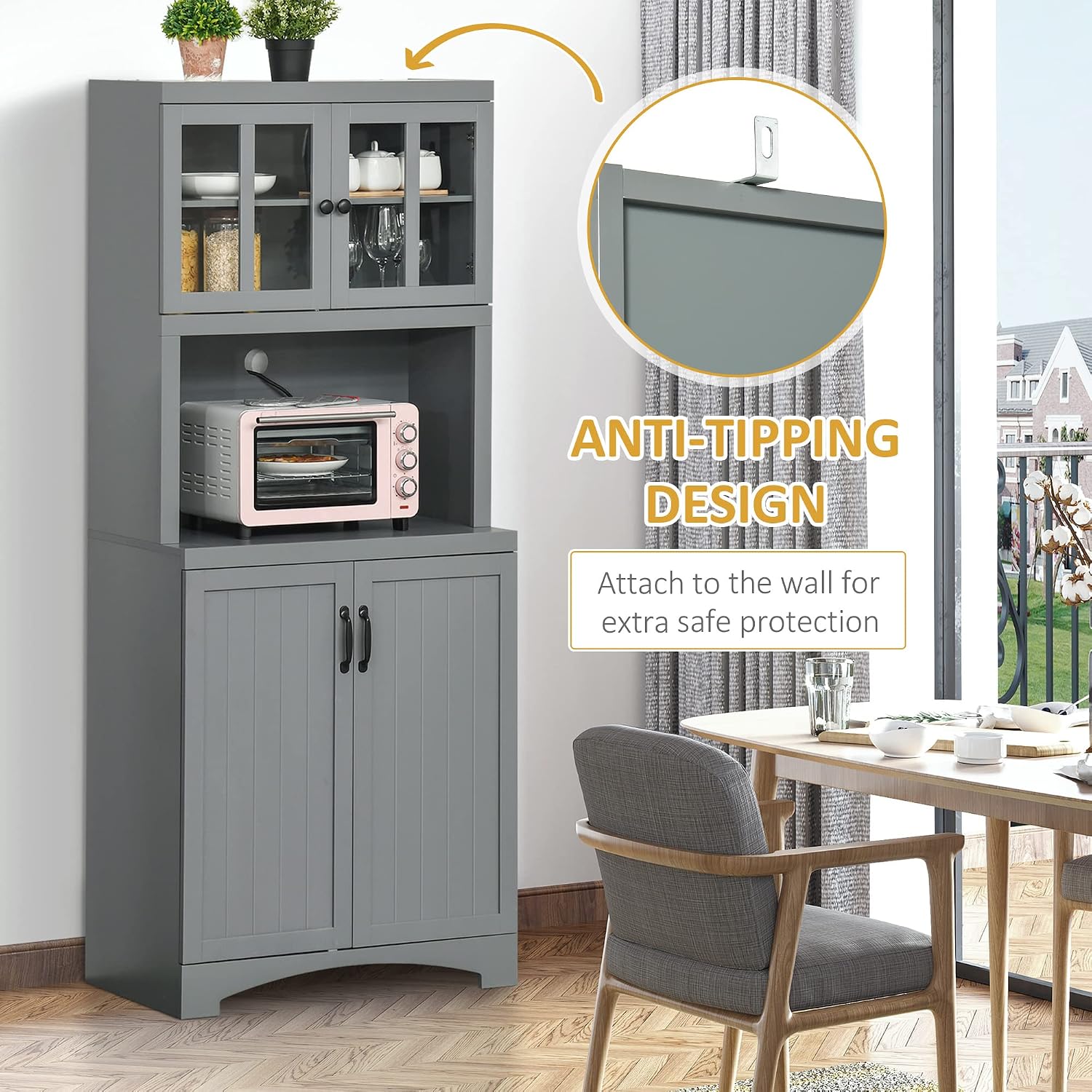 HOMCOM Kitchen Hutch, 70' Pantry Cabinet with Glass Framed Door, Storage Cabinet with Adjustable Shelves and Microwave Space for Dining Room, Gray