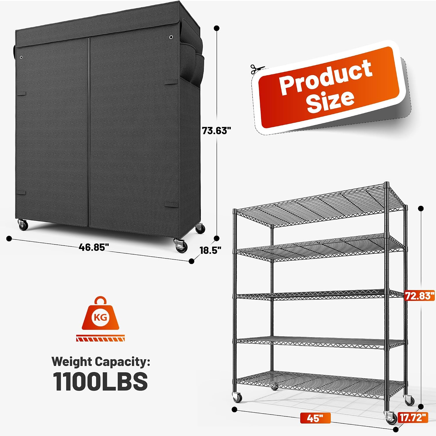REIBII 45''W Storage Shelves with Cover & Wheels, Metal Shelving Waterproof Dustproof, Wire Shelving Unit Covers, Garage Storage Rack Wire Shelf for Kitchen Pantry, Storage Room, 45Wx17.72Dx72.83H