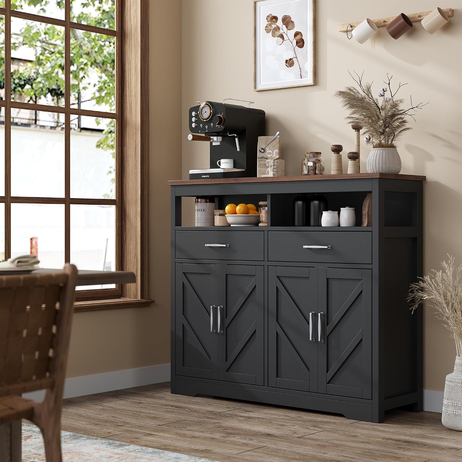 knoworld Buffet Sideboard with Storage Farmhouse with 4 Doors, 47'' Large Kitchen Storage Cabinet Wood Coffee Bar Cabinet Buffet Table with Shelves for Kitchen, Dining Room, Entryway