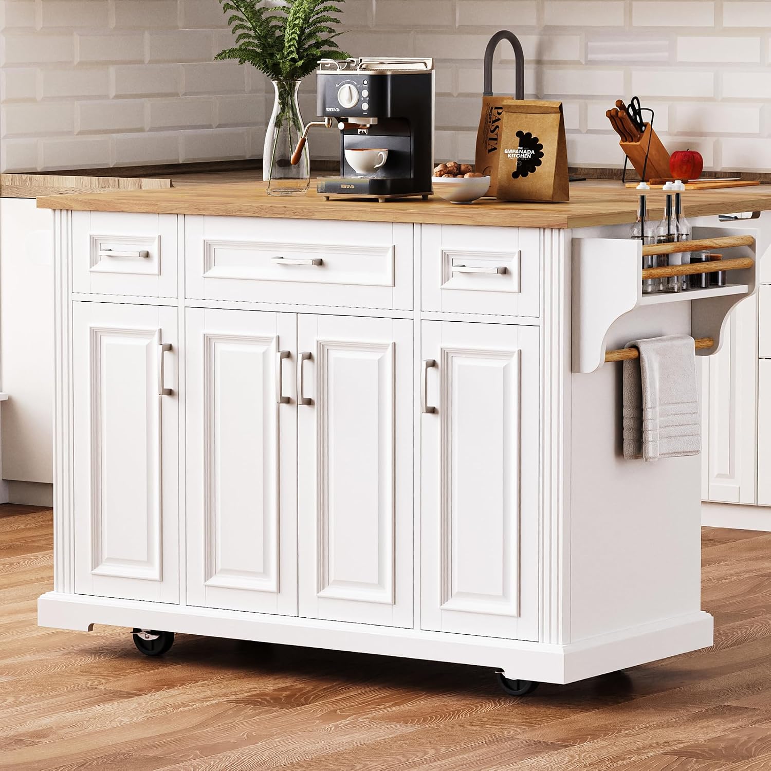 54' Rolling Storage Kitchen Island Cart on 4 Wheels with Drop Leaf, Embossed Texture, 4 Doors and 3 Drawers for Kitchen, Dining Room, White, Rubber Wood Top