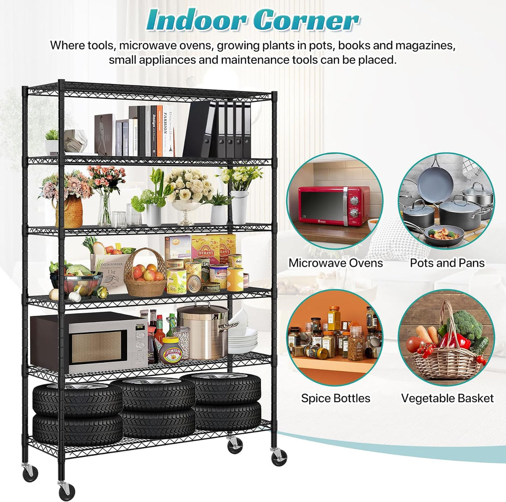 6 Tier Storage Shelves, Heavy Duty Storage Racks and Shelving Adjustable Metal Shelves, Steel Standing Shelf Units, 6000lbs Capacity, Wire Shelf for Warehouse, Garage, Black