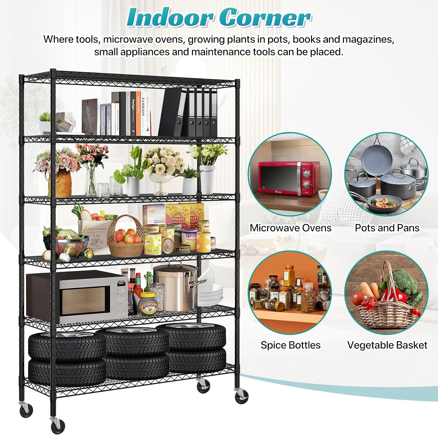 6 Tier Storage Shelves, Heavy Duty Storage Racks and Shelving Adjustable Metal Shelves, Steel Standing Shelf Units, 6000lbs Capacity, Wire Shelf for Warehouse, Garage, Black