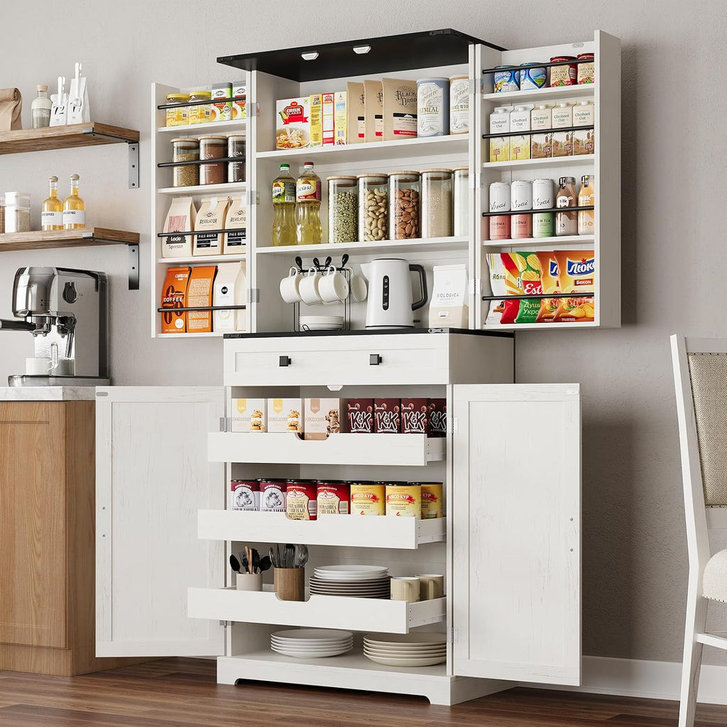 72' Kitchen Pantry Cabinet, Pantry Storage Cabinet with 8 Door Shelves and 3 Pull Out Shelves, Tall Pantry Cabinet with Adjustable Shelf and Large Drawer, Farmhouse Food Kitchen Hutch, For Dining Room