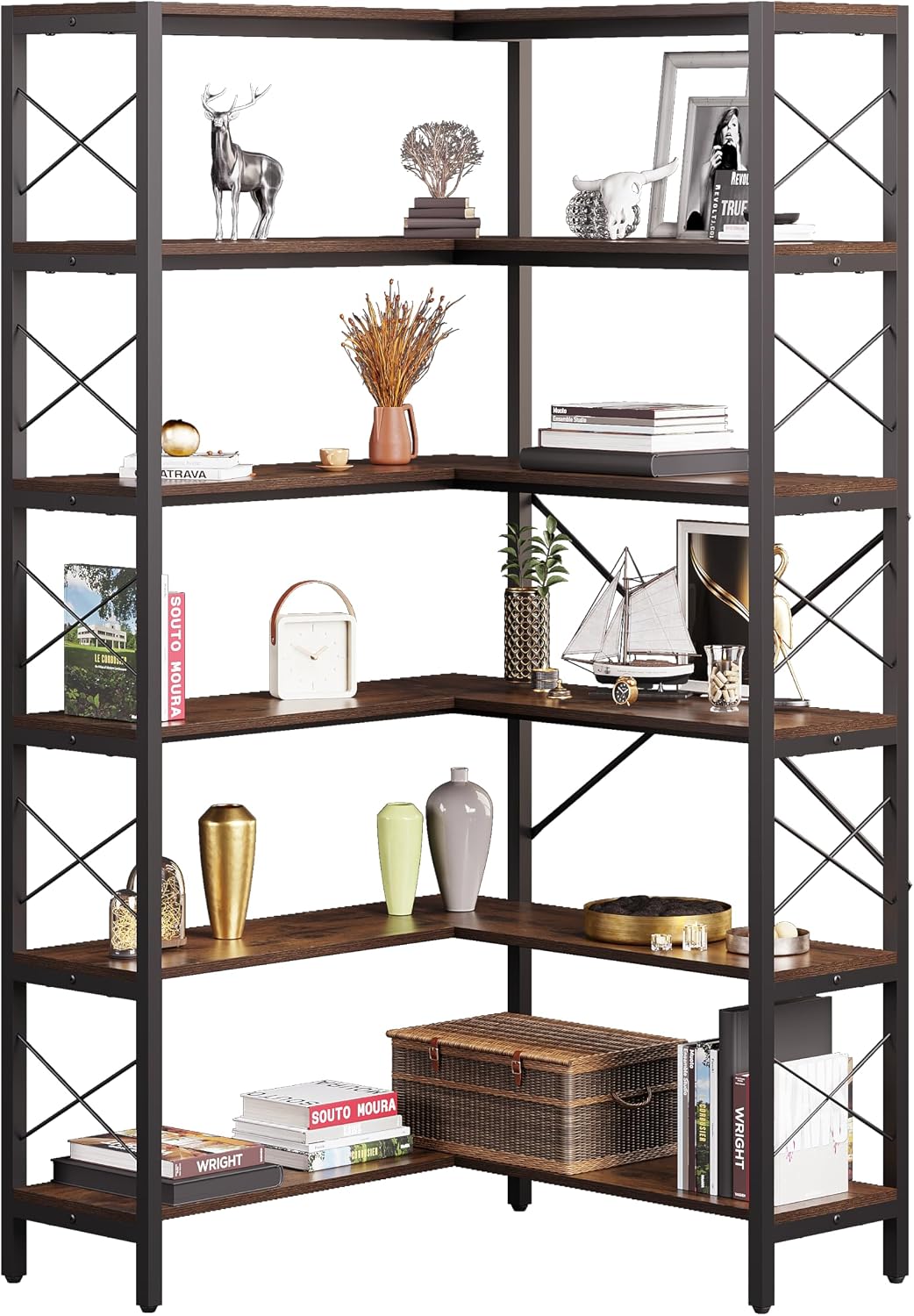 Corner Bookshelf 6-Tier, Tall Book Shelf L-Shaped, Large Etagere Bookcase Industrial Style with Metal Frame for Home Office Shelves