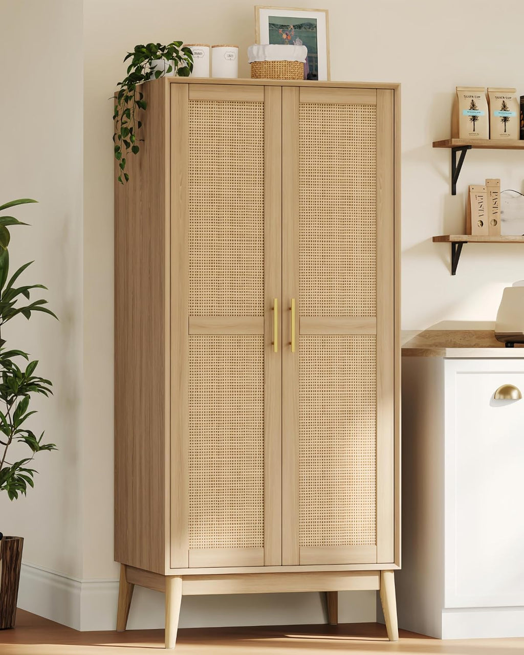 Keehusux 55' Rattan Tall Storage Cabinet, Bathroom Floor Cabinet with 2 Doors, Adujustable Shelf and Solid Wood Legs, Cupboard, Kitchen Pantry for Living Room, Dining Room, Natural KES020MCWG