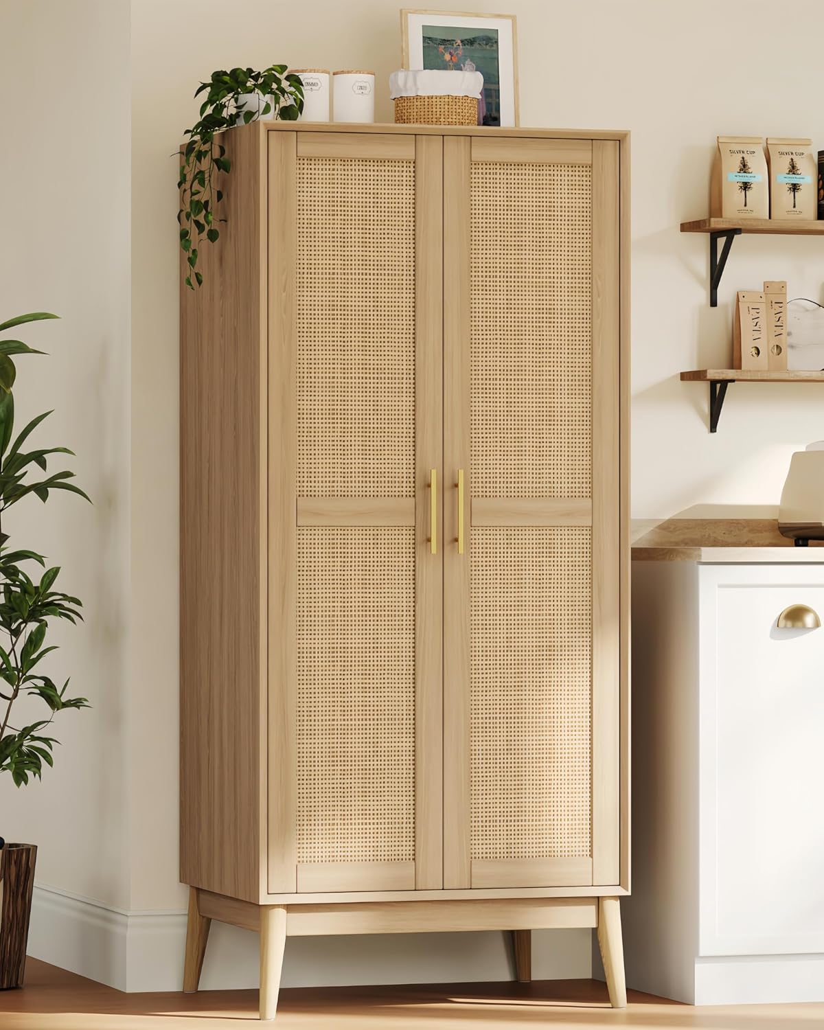 Keehusux 55' Rattan Tall Storage Cabinet, Bathroom Floor Cabinet with 2 Doors, Adujustable Shelf and Solid Wood Legs, Cupboard, Kitchen Pantry for Living Room, Dining Room, Natural KES020MCWG