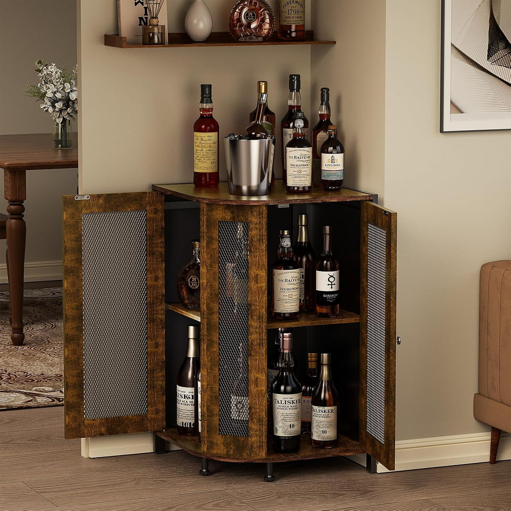 JKsmart Corner Storage Cabinet with Open Shelf, 3-Tier Industrial Wine Bar Shelf with Door, Industrial Corner Cabinet for Kitchen, Dining Room, Rustic Brown