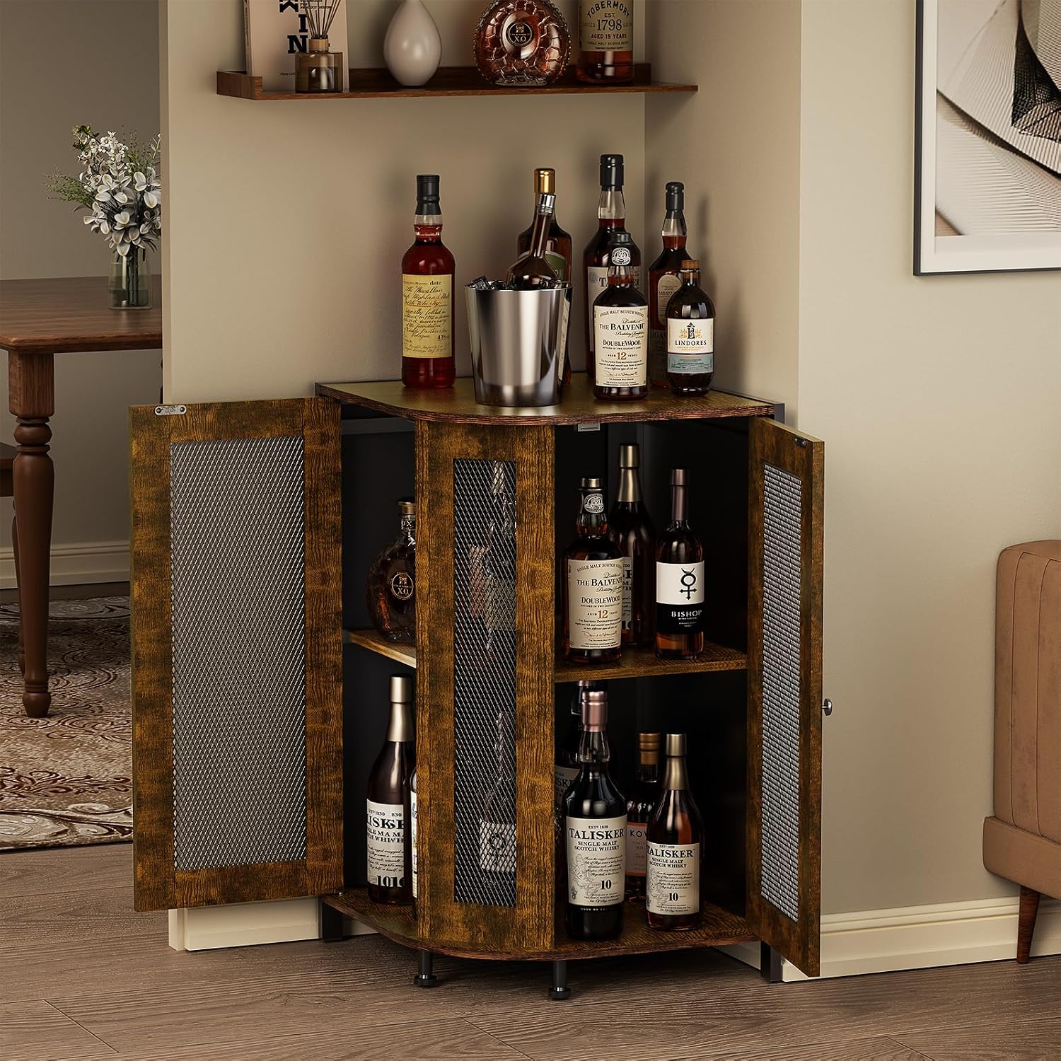 JKsmart Corner Storage Cabinet with Open Shelf, 3-Tier Industrial Wine Bar Shelf with Door, Industrial Corner Cabinet for Kitchen, Dining Room, Rustic Brown