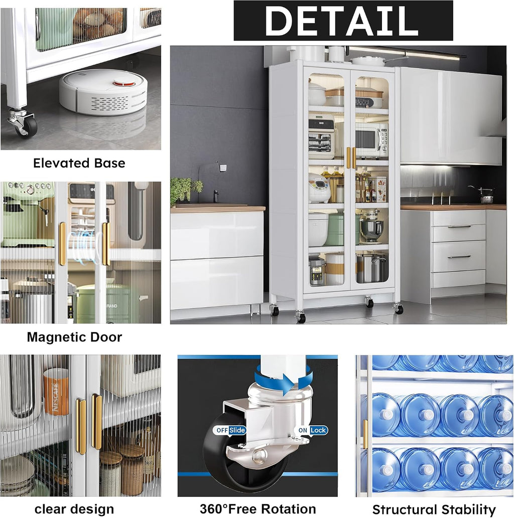 67.3' Kitchen Pantry Storage Cabinet,Display Storage Cabinet Magnetic Doors, Adjustable Shelves & Wheels,Metal Tall Food Pantries Cabinets,for Kitchen, Living Room and Dining Room, White