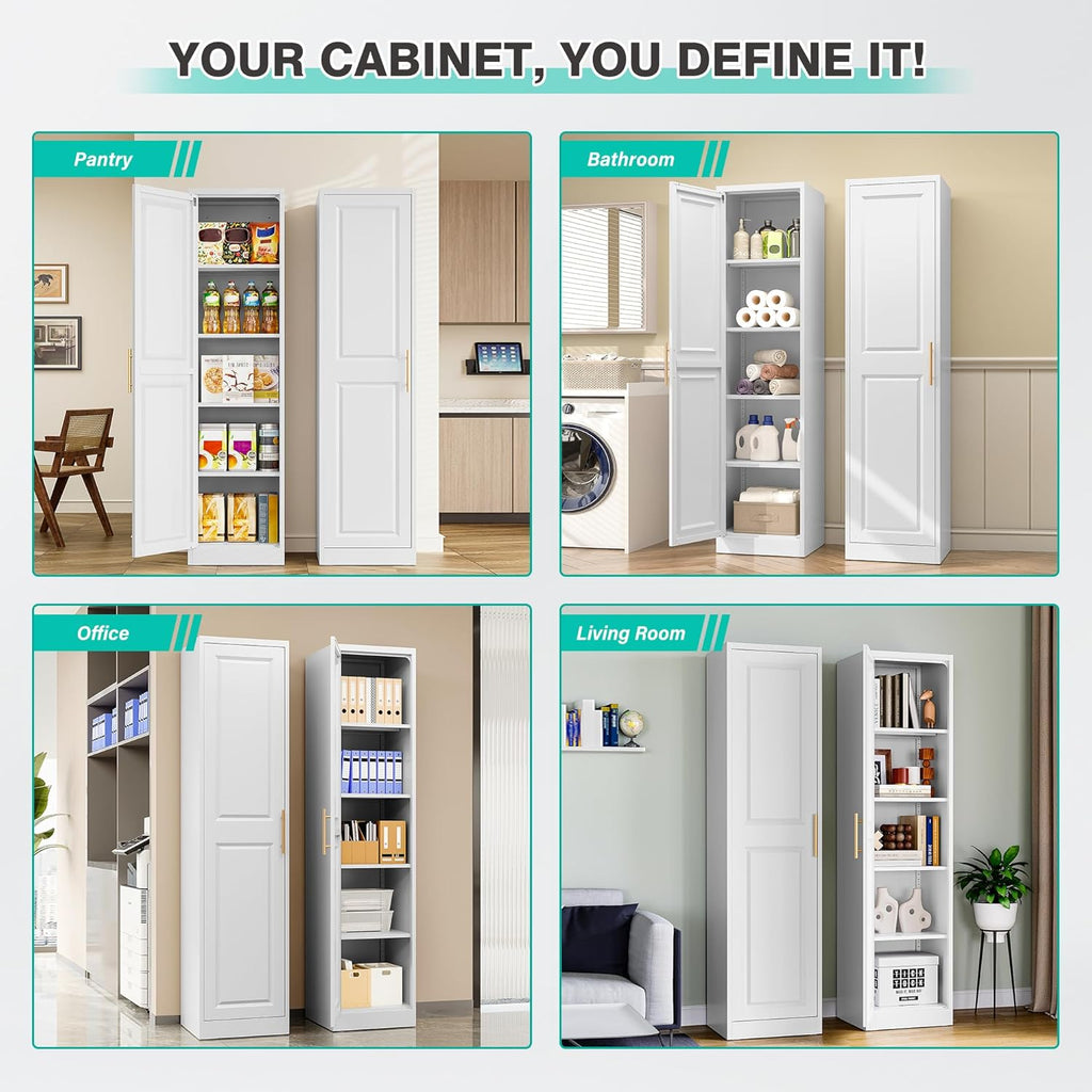 SISESOL 71' Tall Narrow Storage Cabinet with 1 Door and 5 Shelves,Slim Kitchen Pantry Cabinet,White Metal Bathroom Cabinets,Large Cupboard for Home,Kitchen,Laundry,Bathroom