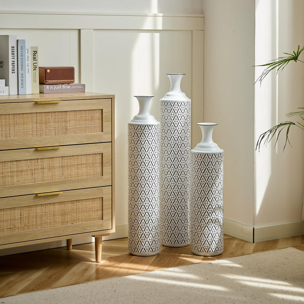 Set of 3 Gorgeous White Metal Vases - Unique Floor Decoration, Large Glazed Metal Vases at 24in, 28.7in, 33.5in for Modern Black & White Home Designs