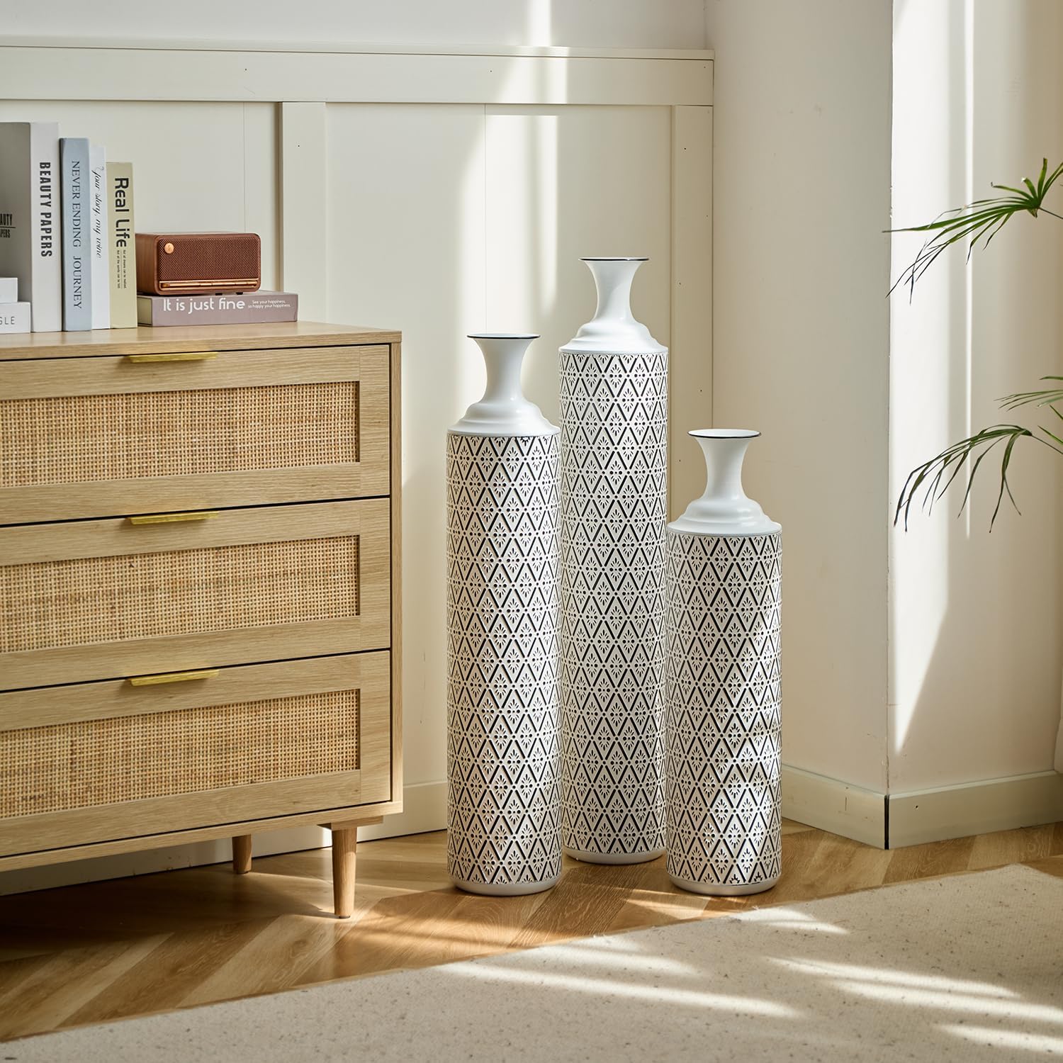 Set of 3 Gorgeous White Metal Vases - Unique Floor Decoration, Large Glazed Metal Vases at 24in, 28.7in, 33.5in for Modern Black & White Home Designs