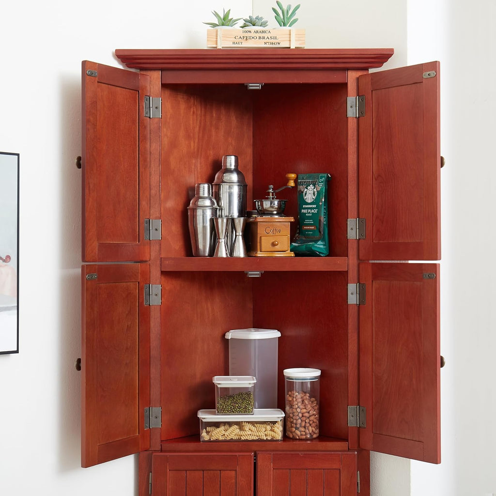 72' Corner Design Freestanding Storage Cabinet, Kitchen Storage Bakers Rack with Sleek Metal Handles, Utility Food Cupboard with 4-Tier Shelves for Kitchen, Bathroom, Living Room, Cherry