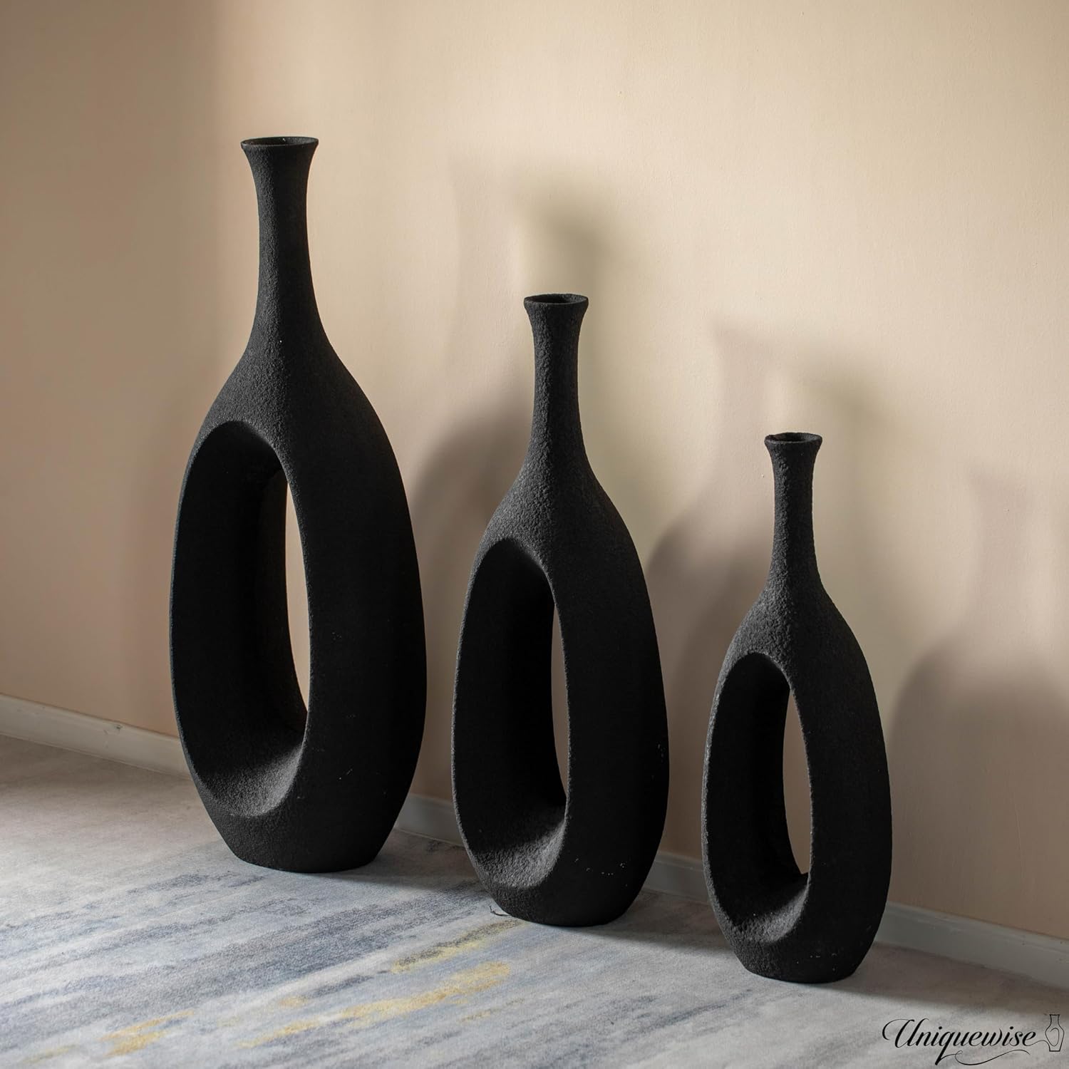 Set of 3 Frosted Black Fiberglass Tall Floor Vase - Decorative Vase for Modern Home Decor, Perfect for Living Room, Home Office, Bedroom, Kitchen, Coffee Bar, Farmhouse Decor, and Wedding Centerpieces