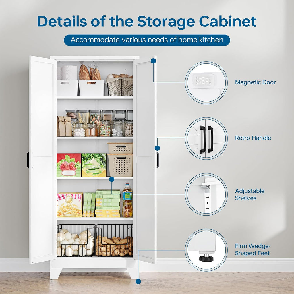 PEUKC 75' Farmhouse Metal Storage Cabinet with Doors and 4 Adjustable Shelves, Large Pantry Organizer for Kitchen, Dining Room, and Living Room,Assemble Require(White)