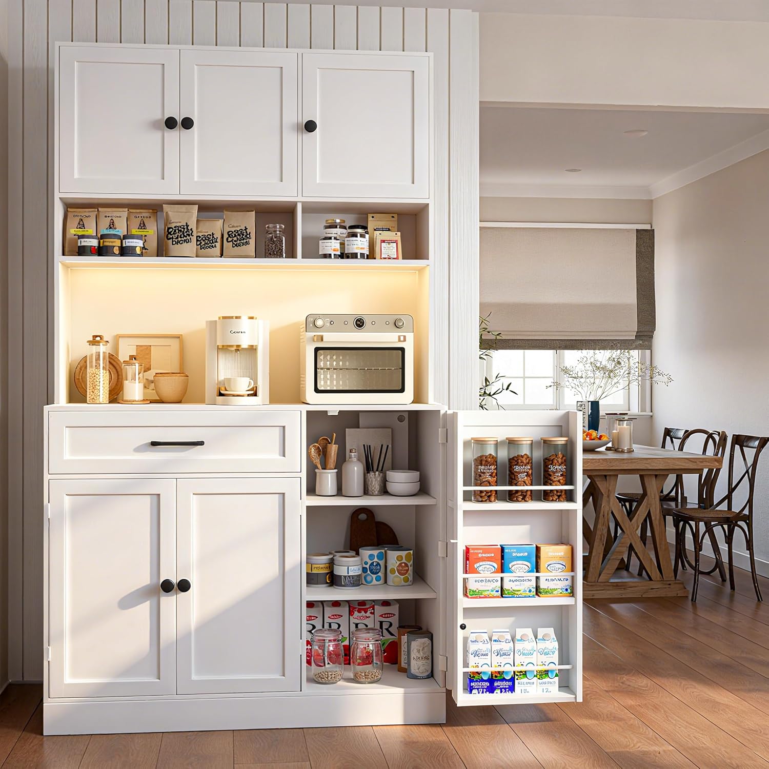 FJTJBSI 72' Kitchen Pantry Cabinet with LED Light and Charging Station Tall Pantry Storage Cabinet with Adjustable Shelves and Door Shelves Modern Kitchen Hutch with Microwave Stand and Countertop