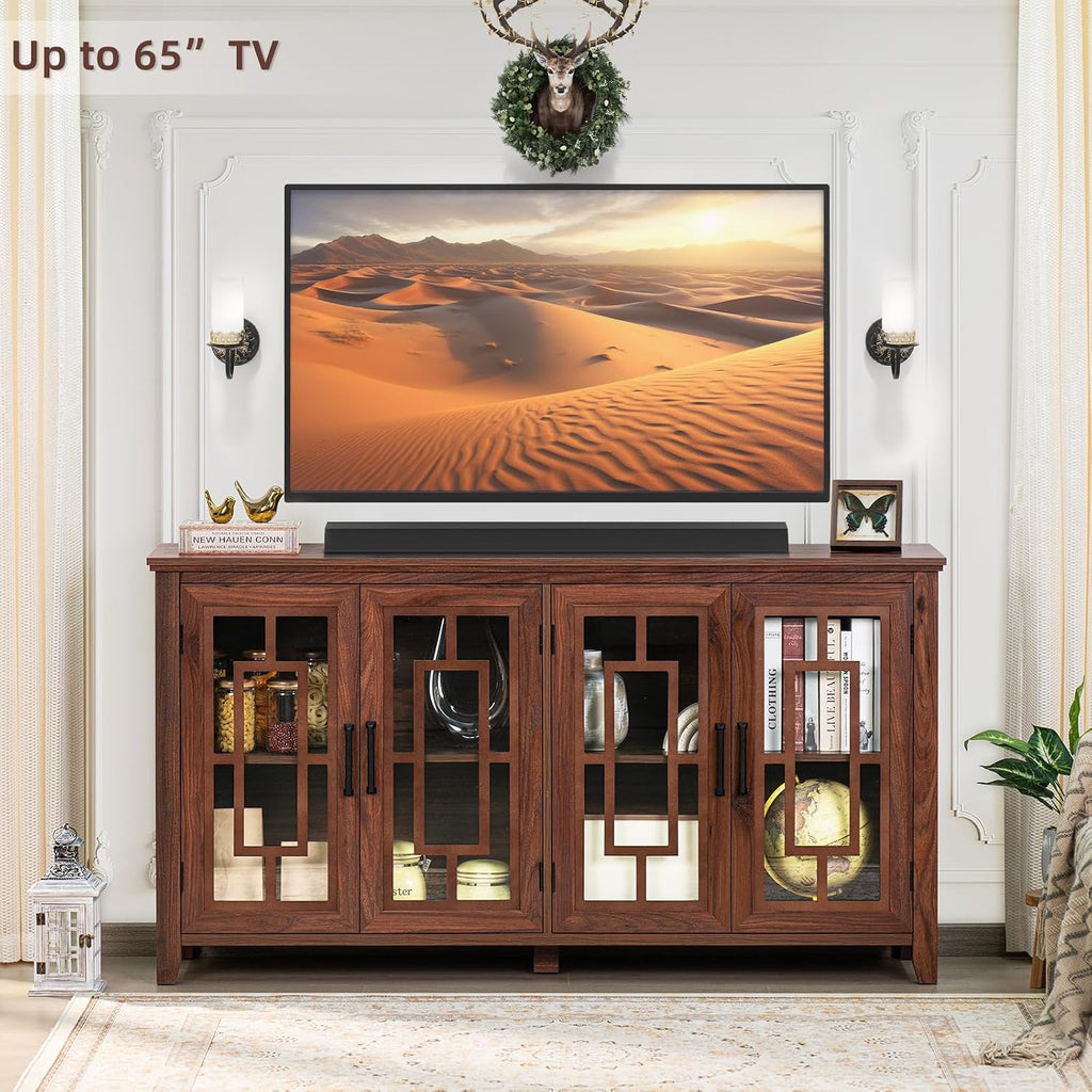 Joaxswe Large Sideboard Buffet Cabinet with Storage, 63' Farmhouse Credenza with 4 Glass Doors, Adjustable Shelves Console Table, Wood Kitchen Coffee Bar for Dining Room, Living Room, Brown