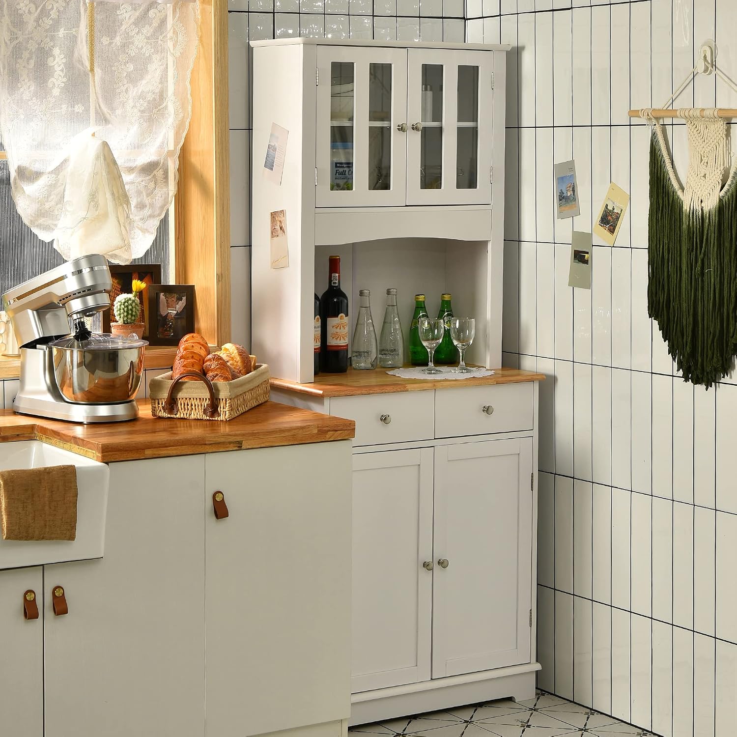 LOKO Kitchen Hutch Cabinet, Kitchen Cabinet with Framed Tempered Glass Doors, Flat Countertop and 2 Drawers, Kitchen Pantry Storage Cabinet with Adjustable Shelves, 27 x 16 x 67 inches (White)