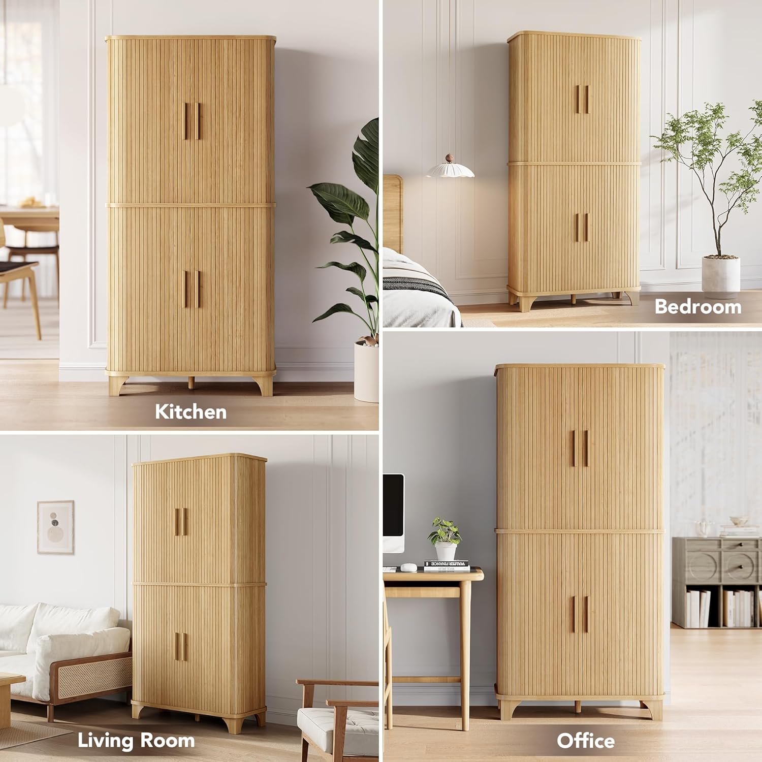 Decofy 69' Tall Kitchen Pantry Storage Cabinet with Sliding Door, Modern Curved Edge Pantry Storage Cabinet with 5 Shelves, Cupboard for the Kitchen, Dining Room, Bedroom, Living Room, Office (Oak)