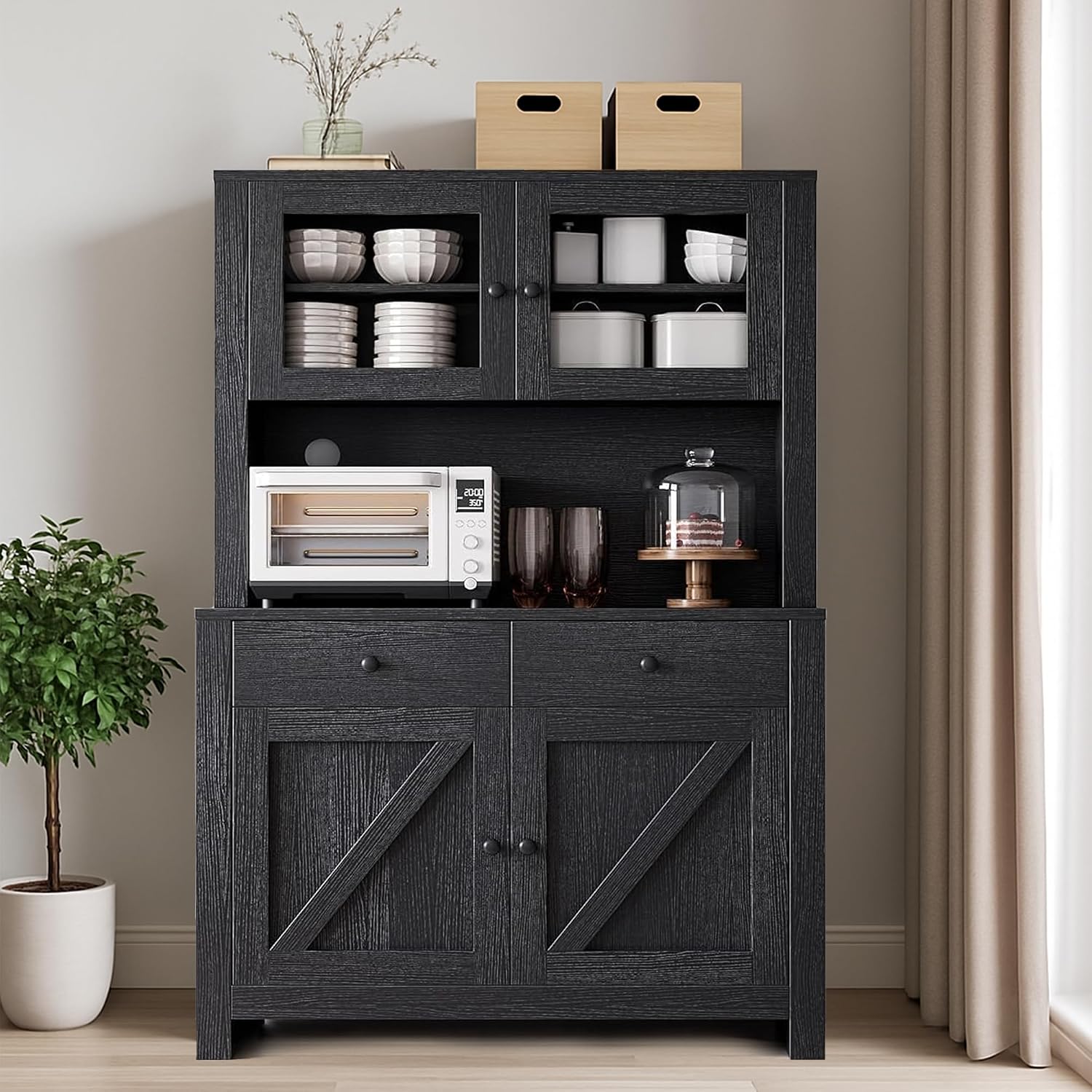 IDEALHOUSE 63' Kitchen Pantry Cabinet with Drawers, Hutch Cabinet with Storage, Microwave Stand, Adjustable Shelves, Freestanding Tall Pantry Storage for Dining Room, Living Room, Black