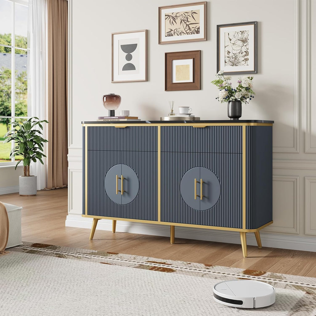 47.2' Buffet Storage Cabinet, Modern Fluted Coffee Bar Station with 2 Drawers & Adjustable Shelves, Kitchen Sideboard Buffet for Dining Room, Living Room, Hallway, Navy Blue
