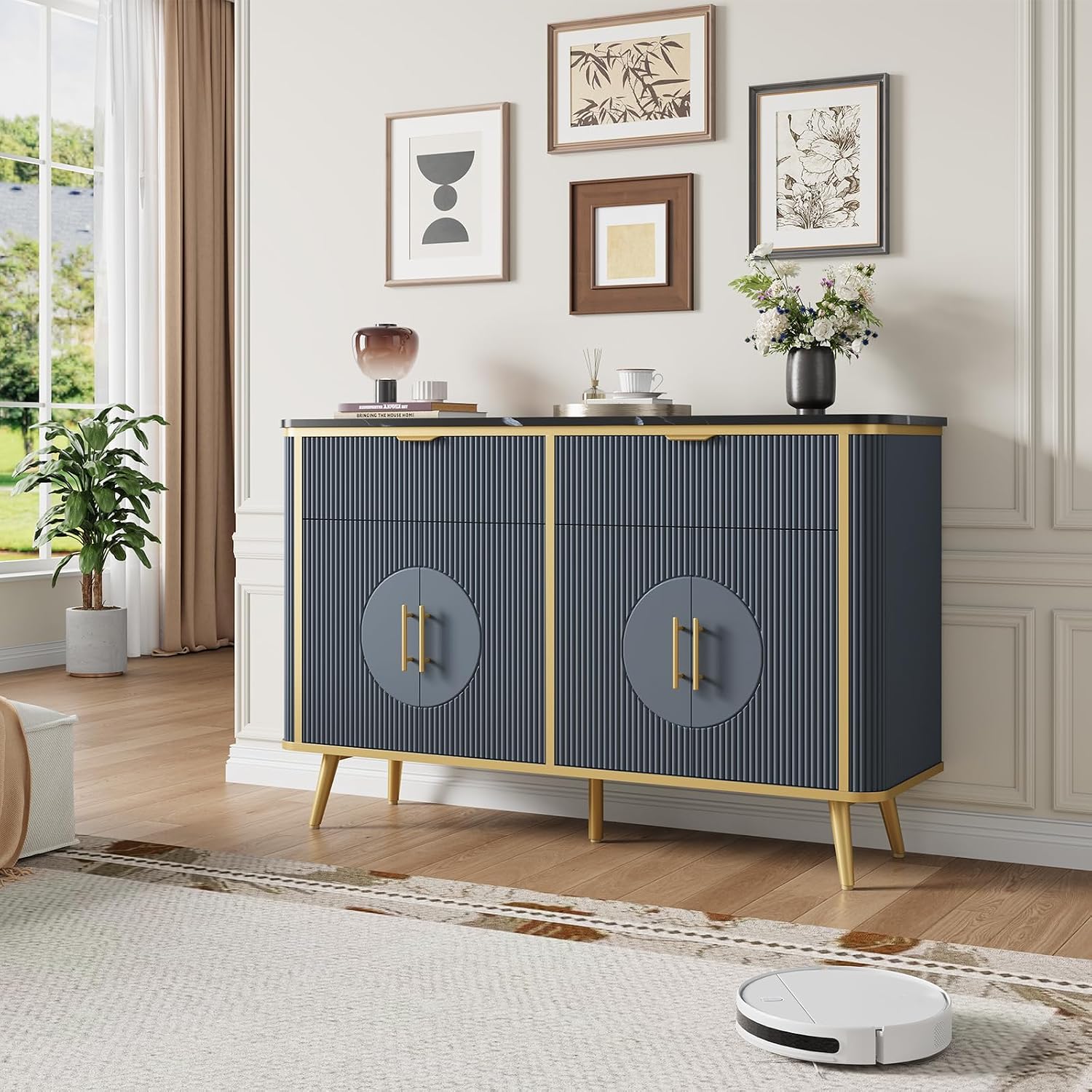 47.2' Buffet Storage Cabinet, Modern Fluted Coffee Bar Station with 2 Drawers & Adjustable Shelves, Kitchen Sideboard Buffet for Dining Room, Living Room, Hallway, Navy Blue