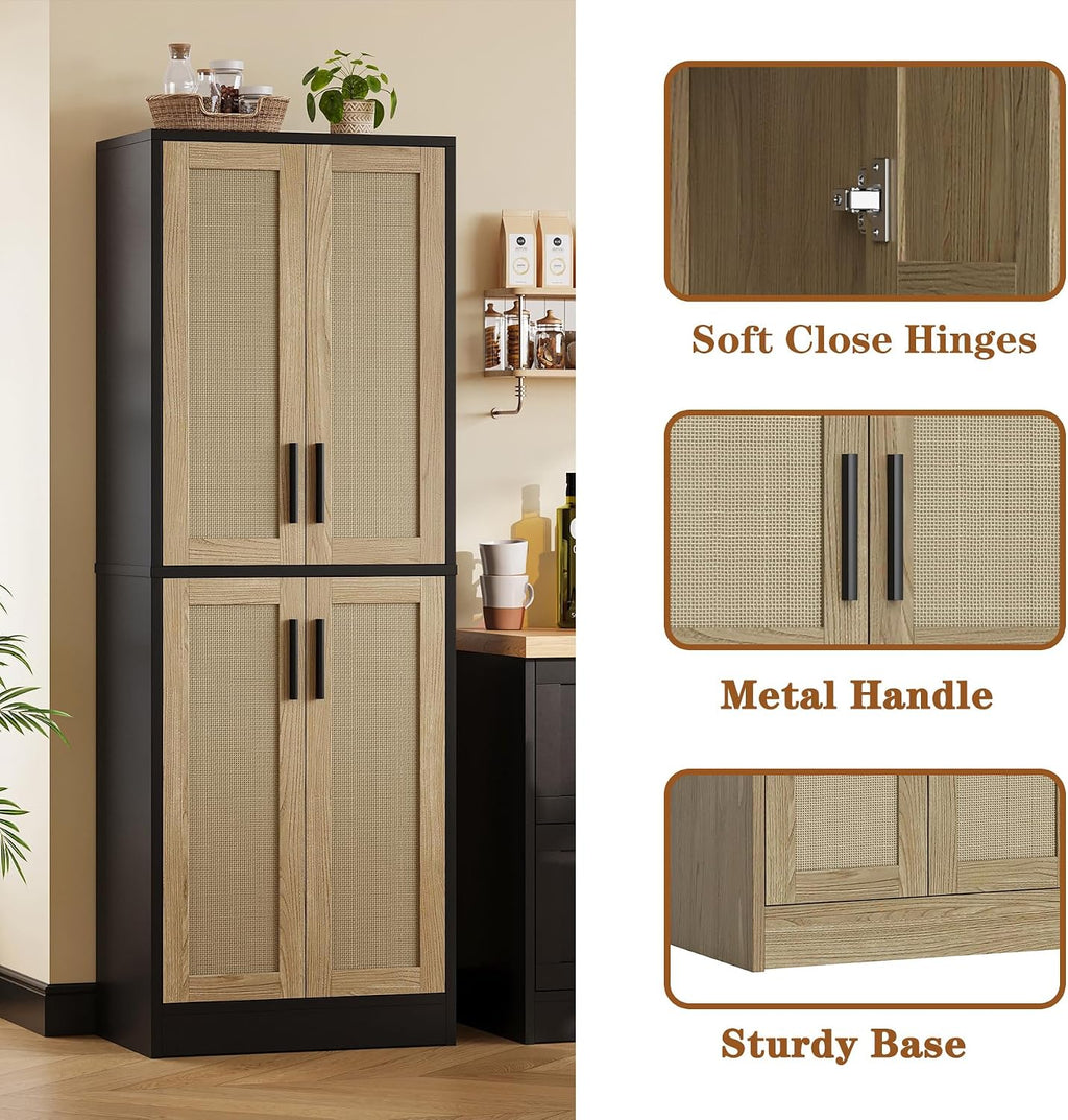 Pantry - Kitchen Pantry Cabinet with 4 Doors and Adjustable Shelves, Tall Black Cabinet Freestanding Storage Cupboard for Dining Room Living Room, Laundry, Bathroom (Black and Natural)