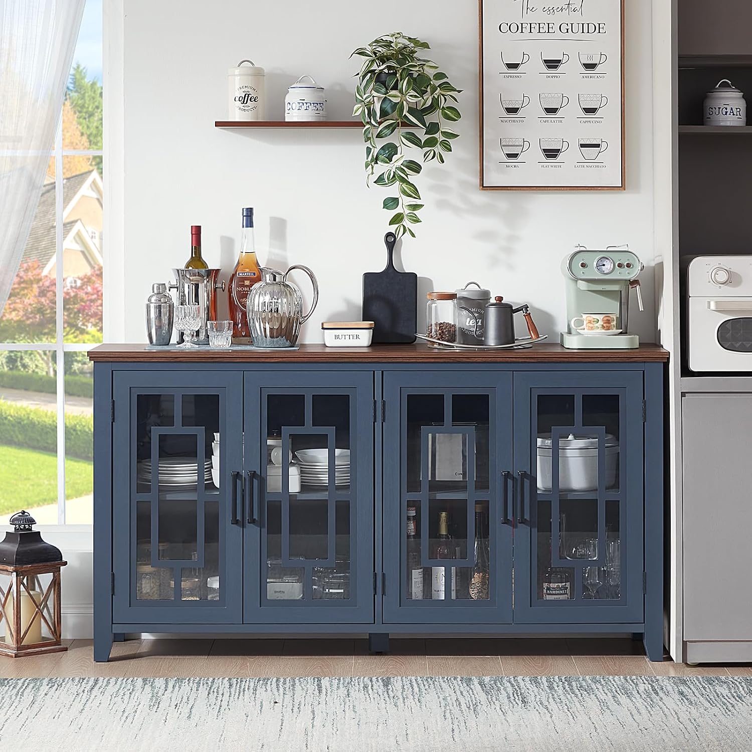 Joaxswe Large Sideboard Buffet Cabinet with Storage, 63' Farmhouse Navy Blue Kitchen Coffee Wine Bar Cabinet with 4 Glass Doors, Mid Century Modern Wood Side Board Table for Dining Room, Living Room