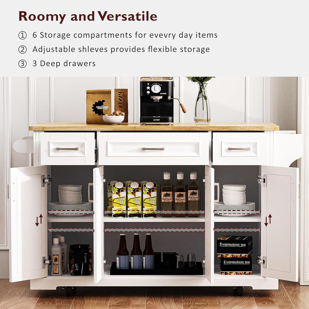 54' Rolling Storage Kitchen Island Cart on 4 Wheels with Drop Leaf, Embossed Texture, 4 Doors and 3 Drawers for Kitchen, Dining Room, White, Rubber Wood Top