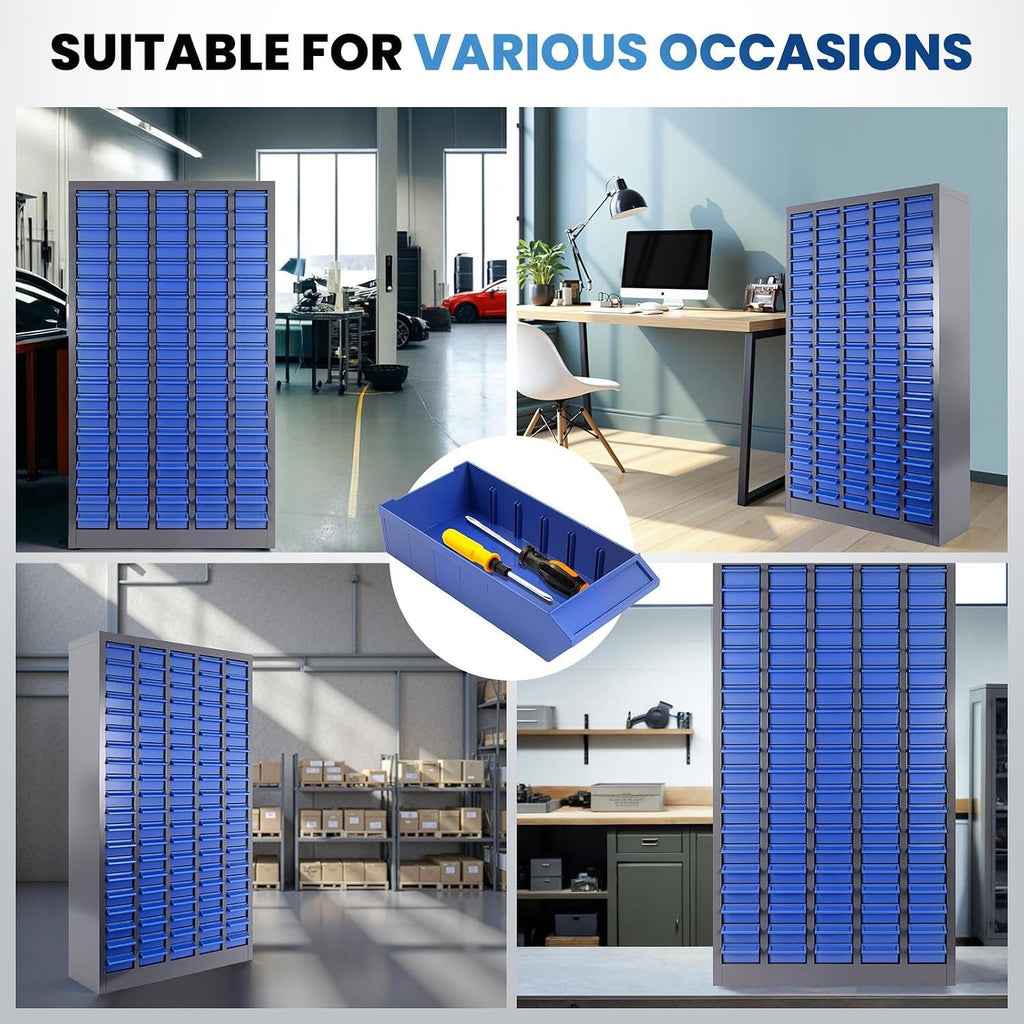 100 Drawers Parts Cabinet, Stainless Steel Nut and Bolt Storage Cabinet, 46' H x 26' D x 9' W Small Parts Organizer with Labels and Shelves for Garages Basements Warehouse(100 Drawers)