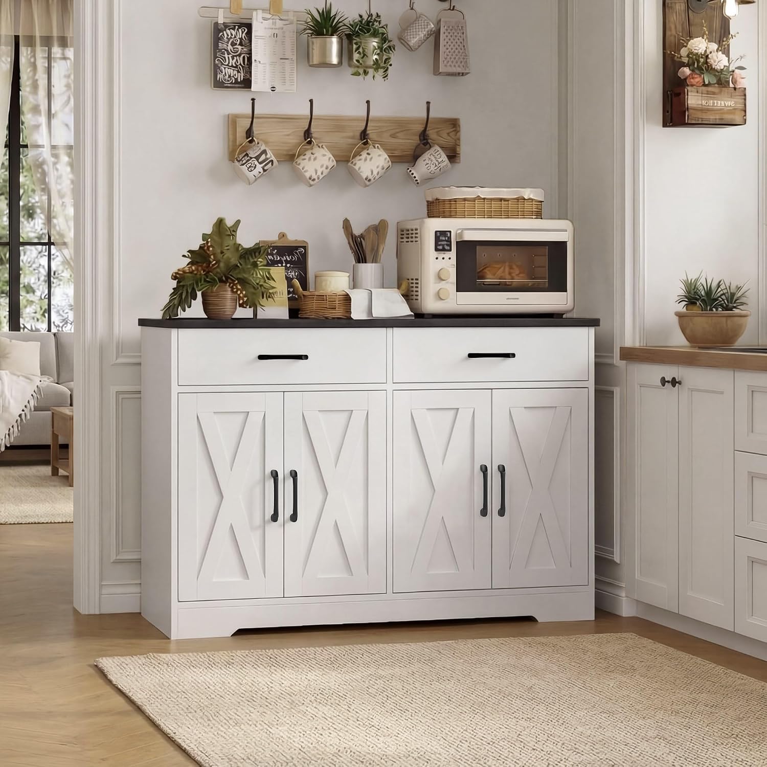 HOSTACK Buffet Cabinet with Storage, 47.2' Kitchen Sideboard Buffet with Drawers, Modern Farmhouse Coffee Bar Station with Shelves, Barn Doors Storage Cabinet for Living Room, White/Black